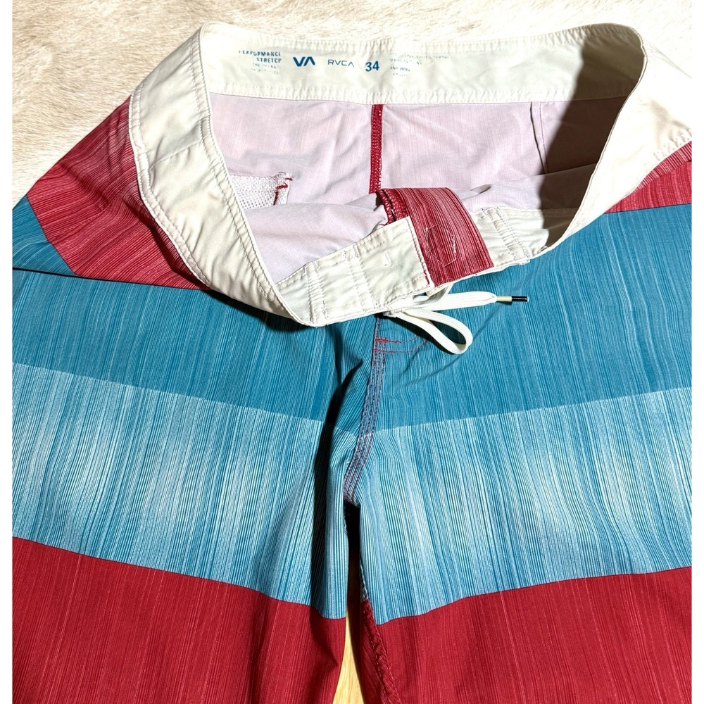 RVCA Board Shorts Mens 34 White/Red‎ Blue Striped Drawstring Flat Front - Picture 3 of 4
